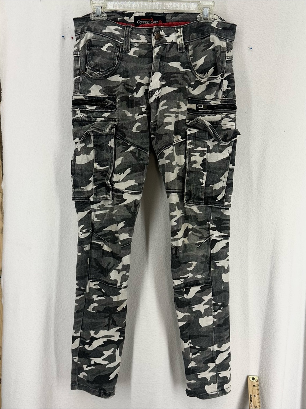 Copper Rivet Camo Cargo Skinny Jeans Mens Small Gray Stretch Zip Pocket Pants